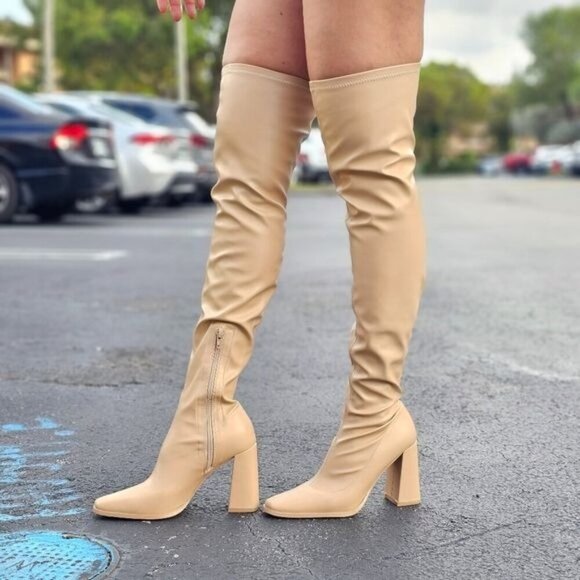 Shoes - Women's Thigh High Over the Knee Boots Chunky Heel Nude Color